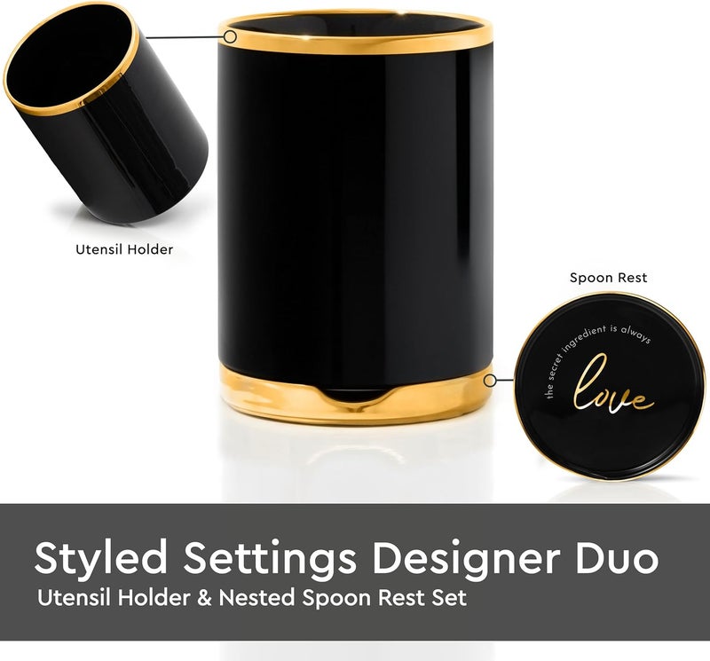 styled settings Black and Gold Utensil Holder with Built-in Spoon Rest - 2 PC Large Ceramic Utensil Holder Includes Black & Gold Spoon Rest - Luxury Kitchen Accessories - Utensils Not Included - Image 2